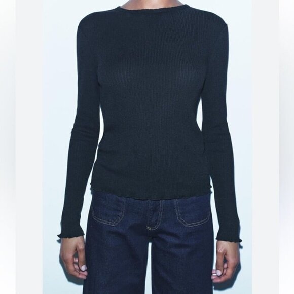 NWOT Zara Black Lettuce Trim Crewneck Lightweight Sweater Women’s Size Large - Picture 1 of 7